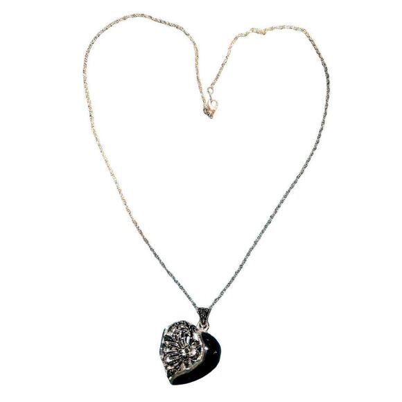 Marcasite Sterling Heart Locket Necklace - Picture 5 of 15